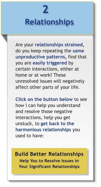 2 Relationships  Are your relationships strained, do you keep repeating the same unproductive patterns, find that you are easily triggered by certain interactions, either at home or at work? These unresolved issues will negatively affect other parts of your life.  Click on the button below to see how I can help you understand and resolve those negative interactions, help you get unstuck, to get back to the harmonious relationships you used to have:  Build Better Relationships Help You to Resolve Issues in  Your Significant Relationships